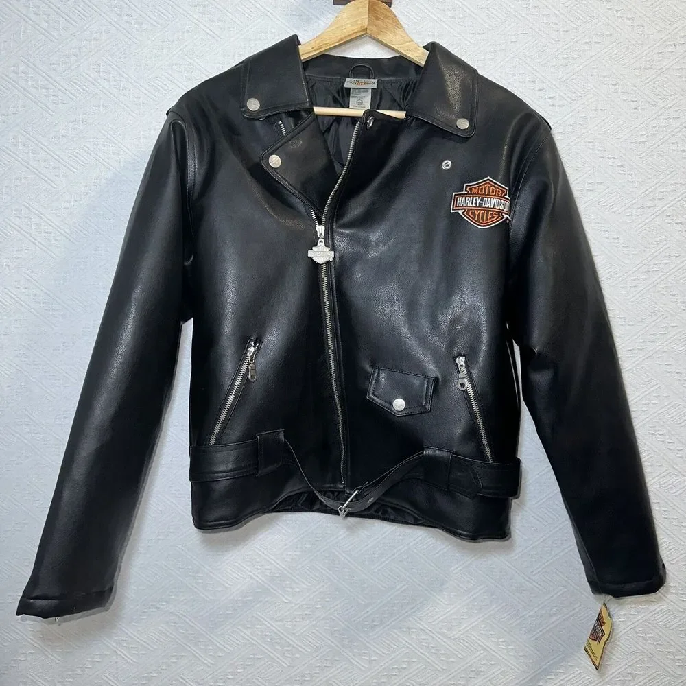 00s Harley Davidson Motor Cycles Faux Leather Motor Cycle Jacket Sz L 16-18 kids